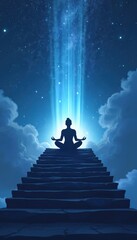 Fototapeta premium Silhouette sits in lotus pose on stone stpic under starry sky. Light beam shines down on person meditating. Spiritual ascent concept, inner peace, cosmic awareness.