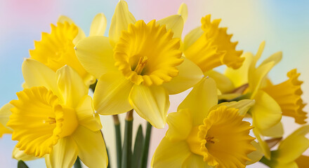 Fototapeta premium Close up view of bright yellow daffodils blooming in garden with soft colorful background showing delicate petals and trumpet center in spring light