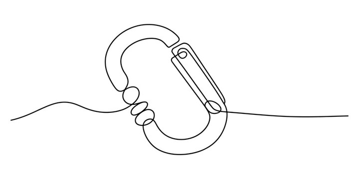 A single continuous line drawing of a metal carabiner hook used for climbing and outdoor activity Vector, illustration