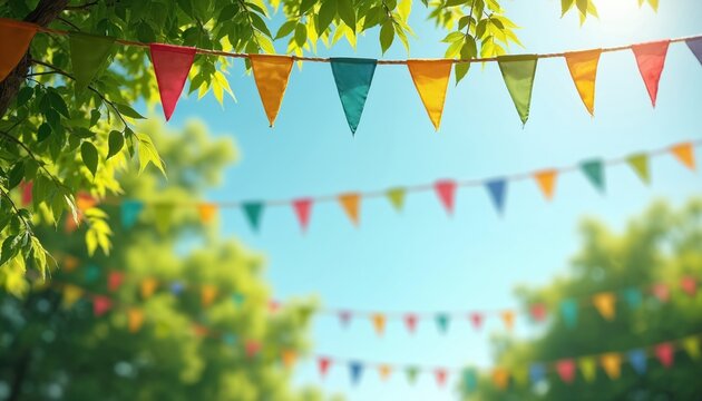 Colorful pennant banners hang on strings between green trees against a bright blue sky. Sunny day, summer celebration, outdoor party decoration. Festive mood.