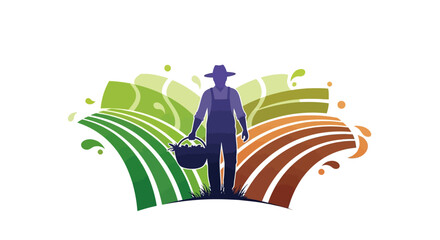A purple silhouette of a farmer with a hat and basket stands in front of colorful, curved lines in green, orange, and white hues, symbolizing Cesar Chavez Day and farm workers' rights © Ganbate