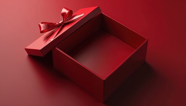 Open red gift box with satin bow. Empty surprise container on deep red background. Present for sale or holiday celebration, ready for content.