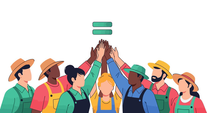 Diverse farm workers celebrate Cesar Chavez Day with a tribute in a colorful illustration of people joining hands in solidarity and support for farm workers rights