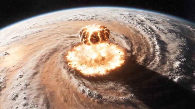 Cataclysmic Massive Asteroid Impact and Global Mushroom Cloud Explosion on Gas Giant Planet from Orbit
