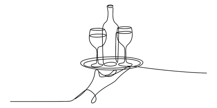 Minimalist one line drawing of a hand holding a tray with a wine bottle and two glasses for drinks Vector, illustration