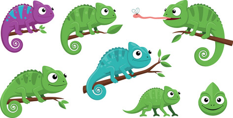 Colorful cartoon chameleon characters set with branches leaves and insect catching poses isolated playful reptile collection for children illustration design © Afroja