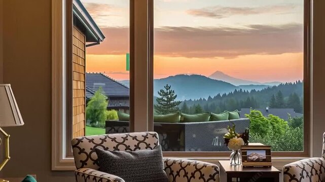 Cozy living room with chairs and table overlooking mountains at sunset