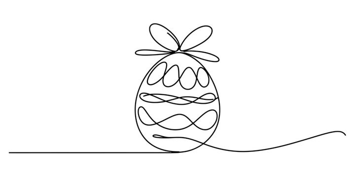 A minimalist single line drawing of a decorated easter egg with a bow on a clean white background Vector, illustration
