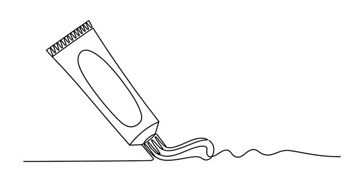 A single continuous line drawing of a tube of toothpaste being squeezed onto a flat surface area Vector, illustration
