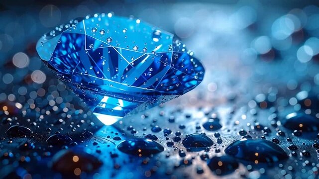 A large blue diamond shines brightly on a surface covered in water droplets.