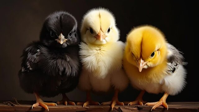 Three chicks stand on a surface against a dark background looking around
