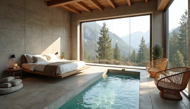 Modern spa bedroom with bed and indoor pool. Large windows show mountain forest view. Rustic design elements blend with contemporary comfort for ultimate relaxation.