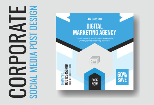 Professional digital marketing agency social media post template with blue geometric hexagon design, 60 percent save offer, and book now call to action.