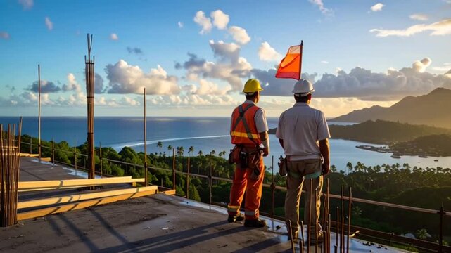 Two workers in hard hats view construction site by ocean