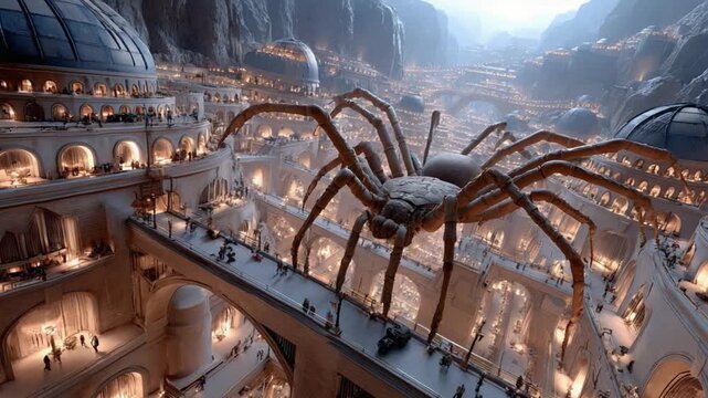 Mechanical Spider over the city: A giant mechanical spider dominates an architectural cityscape. The mechanical marvel strides across the bridges, overlooking the buildings.