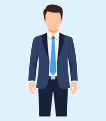 Fototapeta premium Faceless male professional standing in navy blue suit and sky blue tie flat design full body avatar illustration