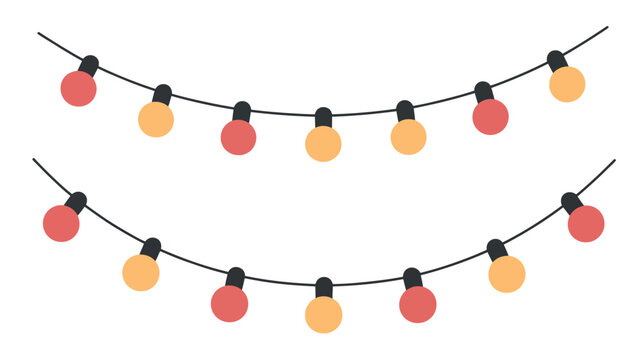 Two strings of colorful festive string lights with red and yellow bulbs