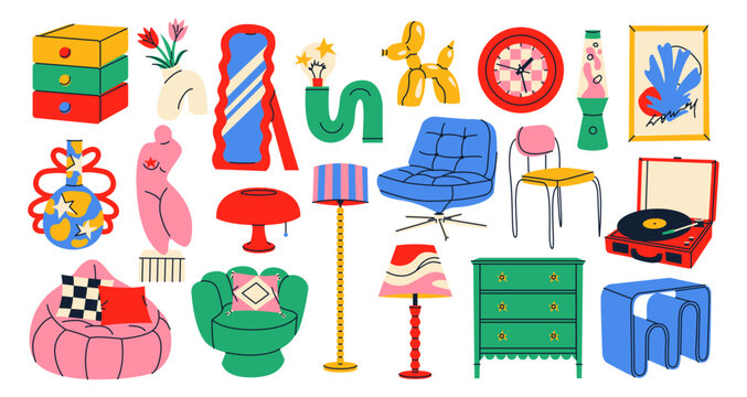 Big collection of dopamine home interior objects in retro style. Armchairs, lamps, commode, tables, mirror and various colorful home decor. Flat vector illustration of modern living room elements.