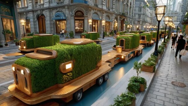 Eco-Friendly Parade: A procession of whimsical, eco-conscious vehicles adorned with vibrant greenery travels down a historic street, harmonizing nature and urban life. 