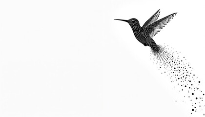 Obraz premium Black hummingbird made of dots in flight. Bird dissolves into scattering particles against white background. Tiny creature moves fast, wings beat, tail streams.
