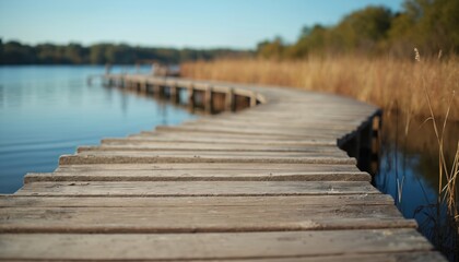 Obraz premium Wooden walkway curves along calm blue lake water. Tall dry reeds line grassy shore under clear sky. Peaceful natural park scene invites quiet stroll.