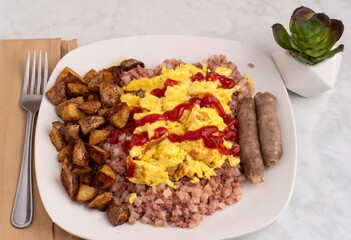 Fototapeta premium scramble egg and corn beef hash with sausage