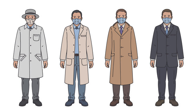 Four men in trench coats and face masks standing in a row