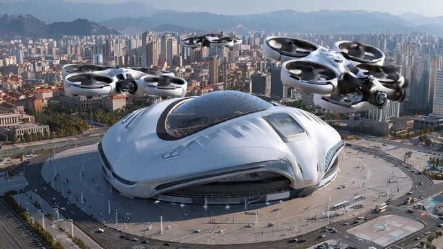 Skyport of the Future: An array of futuristic air taxis descend towards a sleek skyport, poised to reshape urban transport. The scene buzzes with the energy of technological advancement and design.