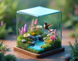 Obraz premium Tiny hummingbird hovers over miniature garden diorama in glass cube. Small bird flies near flowers and water features. Nature scene in small world.