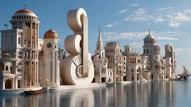 Architectural Harmony: A city floats gracefully upon tranquil waters, where buildings reflect a unique blend of artistry and architectural brilliance. A symphony of design that inspires wonder. 