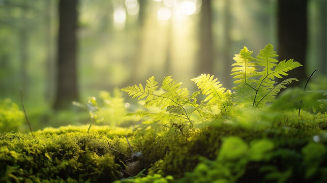 Sunlit Ferns and Moss in a Lush Green Enchanted Forest