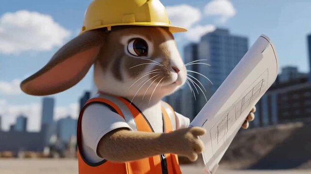 A cartoon rabbit in a hard hat and vest examines construction plans on a city site.