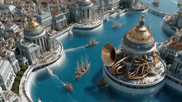City on Water: An illustration showcases a majestic city with elegant architecture built on a serene waterway, dotted with ships and surrounded by intricate details. 