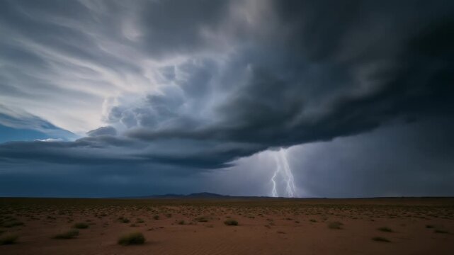 Dramatic storm clouds rolling over a vast desert landscape under an ominous sky