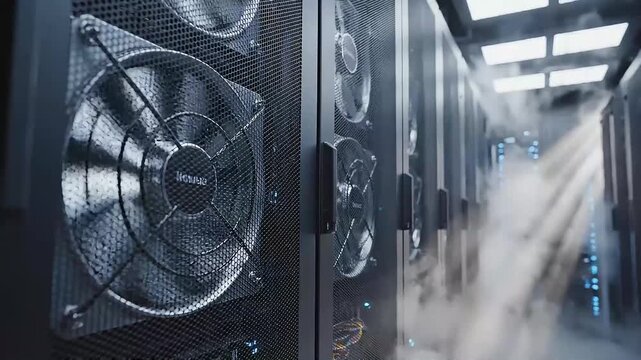 Industrial Data Center Cooling Fans Spinning in Summer Heat