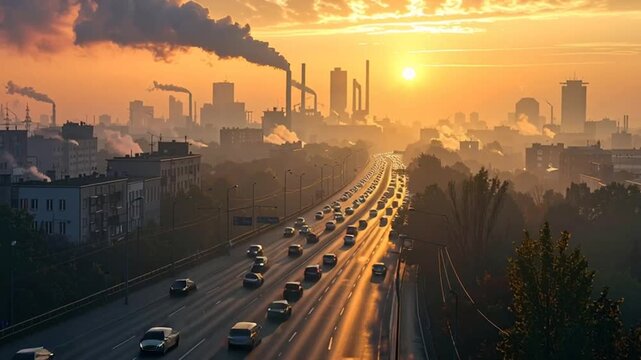Cars drive on a busy highway during sunset with industrial smokestacks in the background