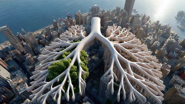 Cityscape of Lungs: An inspiring vision of the lungs, integrated with a vibrant urban landscape, symbolizing the interconnectedness of health and the environment.