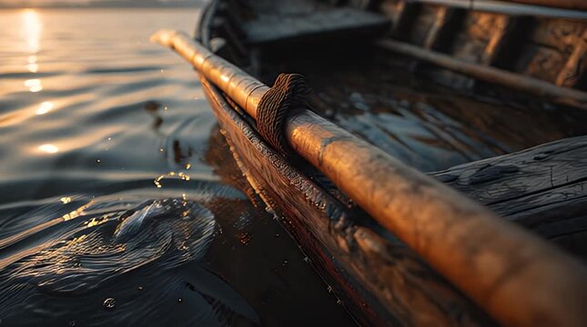 Close-up of a wooden boat with a paddle on a calm body of water with sunlight. The scene emphasizes textures and reflections