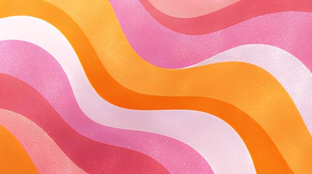 An abstract image features a flowing design with layered, wavy forms. Various shades of pink, orange, and white combine with a glitter effect