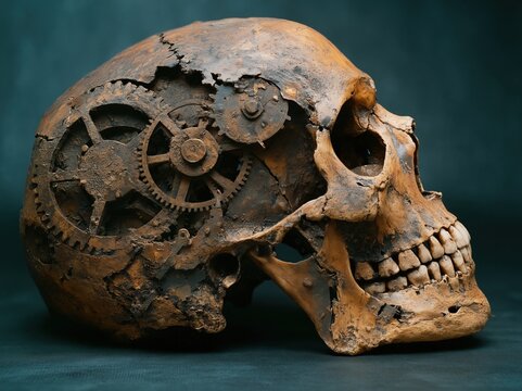 Rusty steampunk skull with internal clockwork mechanism