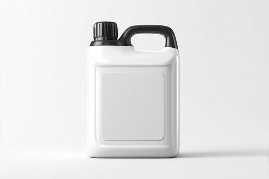 Agricultural pesticide container with clean white background, modern jerry can style packaging with blank label design.