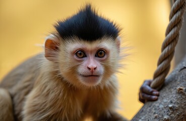 Obraz premium Tufted capuchin monkey sits near thick rope. Young primate has black hair tuft on head and curious brown eyes. It looks forward with funny expression.