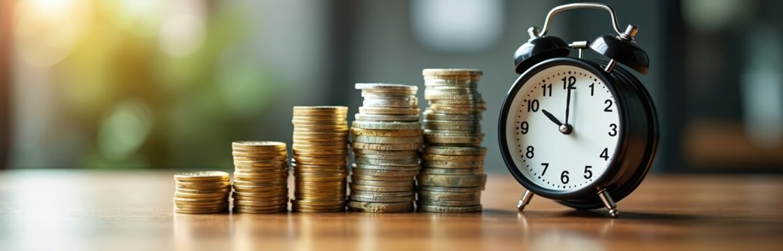 Stacks of coins show rising value beside alarm clock on table. Time is money concept. Financial growth and investment, business success symbol. Planning for future wealth.
