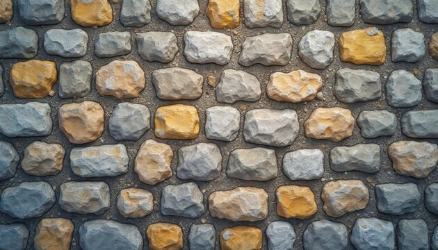 Rough natural stone wall texture. Uneven grey and yellow blocks laid close together. Old rustic construction details with visible grout gaps.