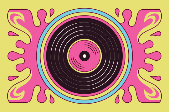 Colorful vinyl record with pink and yellow abstract background