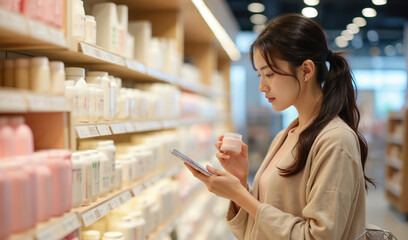 Young Asian woman holds cosmetic jar and checks phone in store. She compares products on shelf, making informed purchase decision. Shopper researches beauty items in retail space.