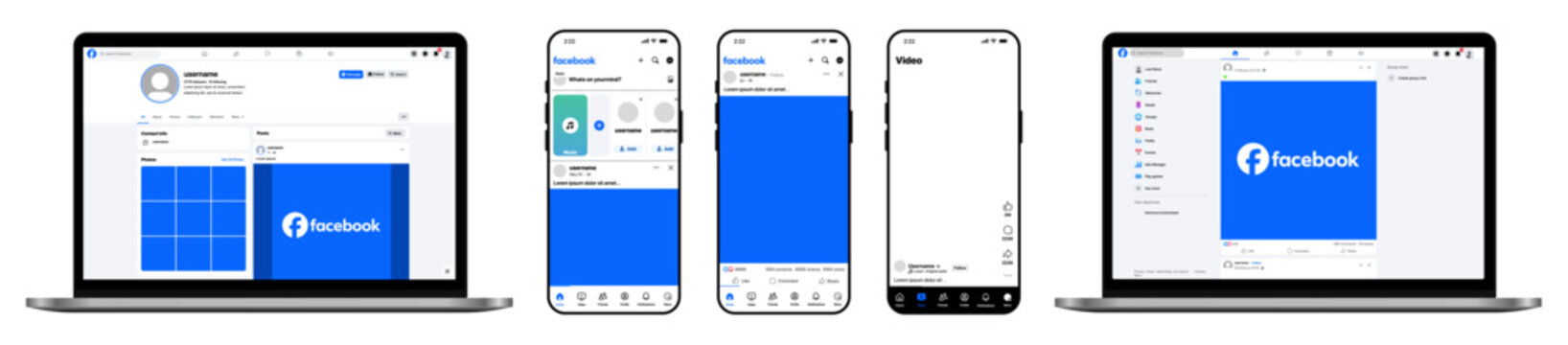 Facebook App and Desktop Interface UI Across Devices. Social Media Platform Design with Mobile Feed, Video, and Profile Layout