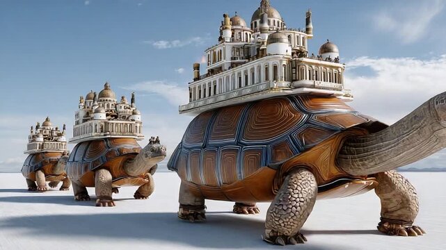 Traveling Palace on Turtle's Back: a creative digital rendering of fantastical scene, featuring a trio of turtles, each carrying a miniature palace on its shell, moving gracefully across an expansive.