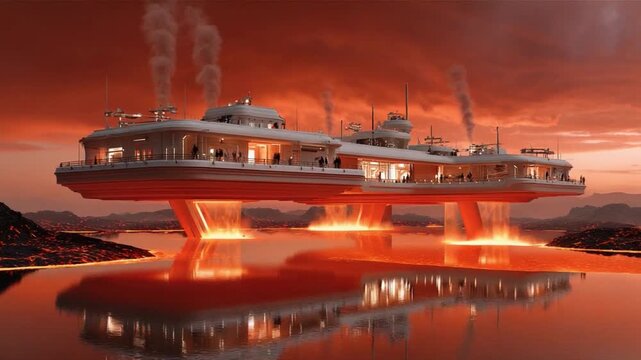 Futuristic Floating Hotel: A visionary concept of a floating hotel levitating over serene waters, an architectural marvel. Blending innovation and luxury against a vibrant backdrop.