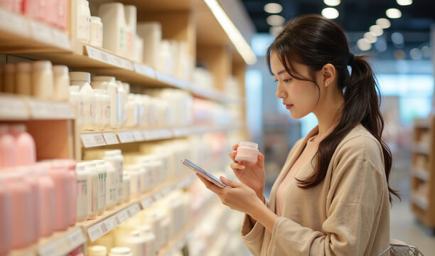 Young Asian woman holds cosmetic jar and checks phone in store. She compares products on shelf, making informed purchase decision. Shopper researches beauty items in retail space.